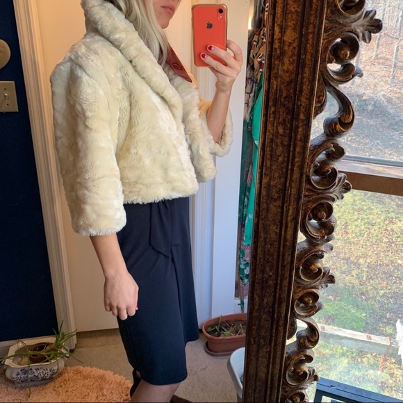 Vintage cream faux fur crop jacket shawl collar S - Picture 7 of 10